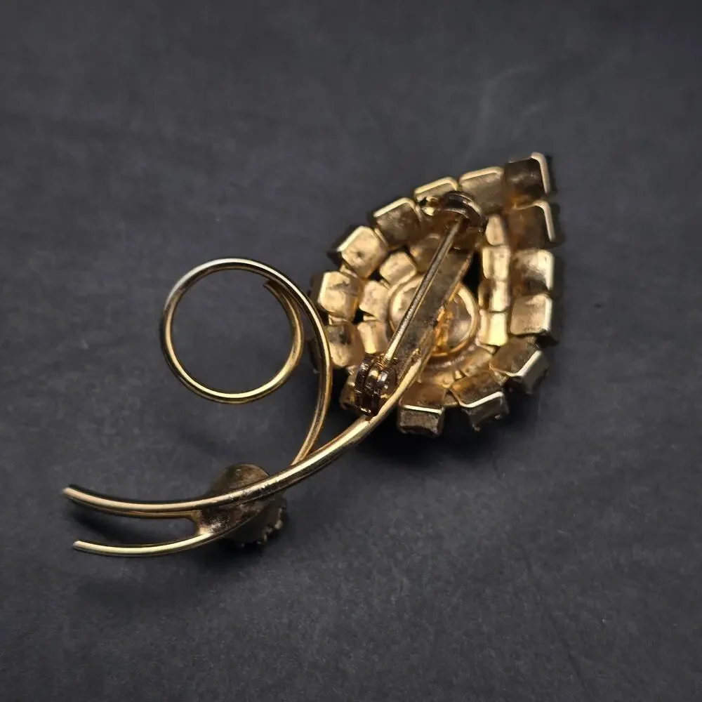 Vintage‎ Pink Rhinestone Flower Brooch Gold Tone Floral 1960s Glam Jewelry